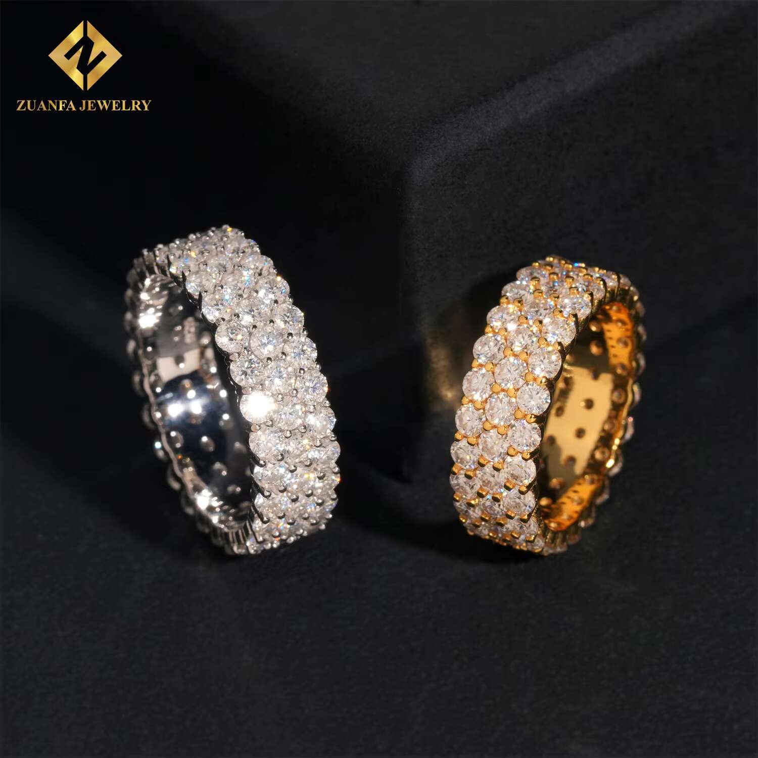 3 Rows Trendy Men Moissanite Diamond Ring Iced Out Hip Hop Hoop Ring