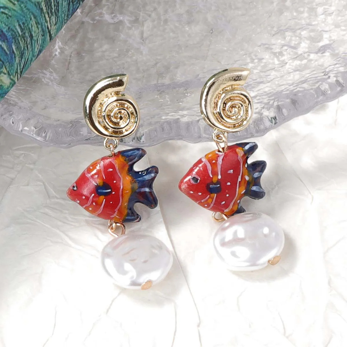 Alloy Sea Star Conch Colored Fish Long Earrings 250610