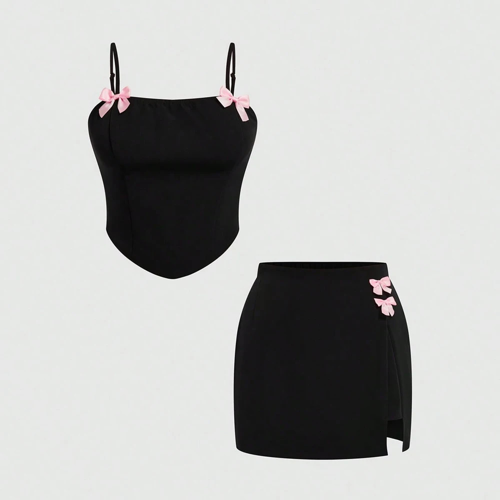 Plus Size 2025 Summer Womens Spring and Sexy Suspenders Top Bowknot Slit Half Skirt Romantic Girl Two Piece Set 250609
