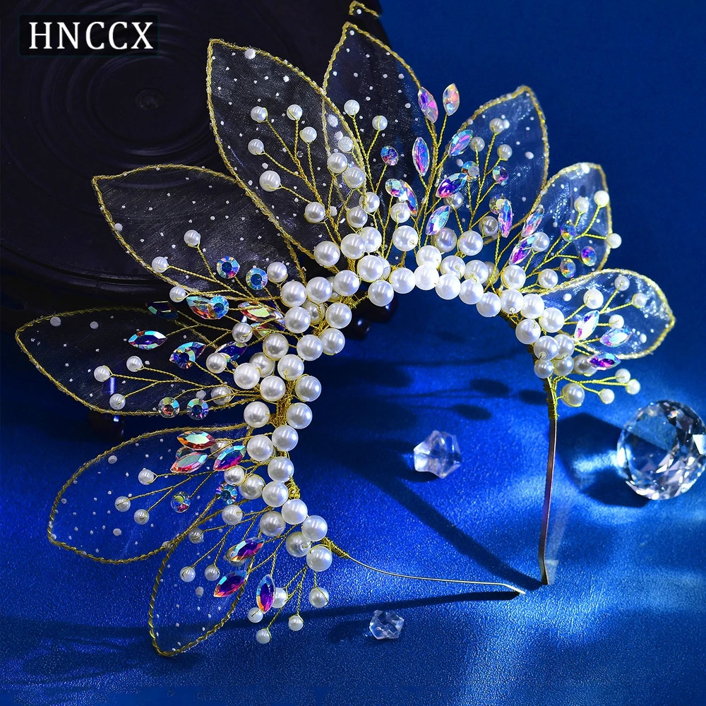 HNCCX Wedding Faux Pearl Hair Hoop Bridal Colorful Rhinestone Headband Bride Headdress Organza Leaf Headwear For Women CP670 250610