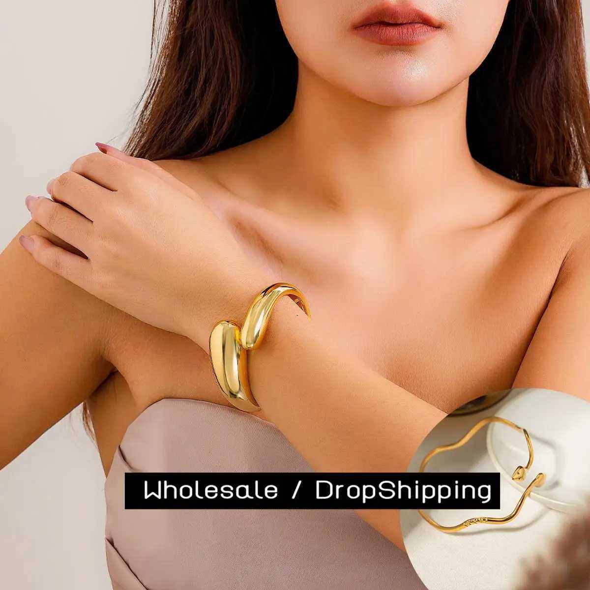 CARLIDANA Exaggerated Punk Gold Color Simple For Women Stainless Steel Statement Cuff Opening Bangles Fashion Jewelry Z250616