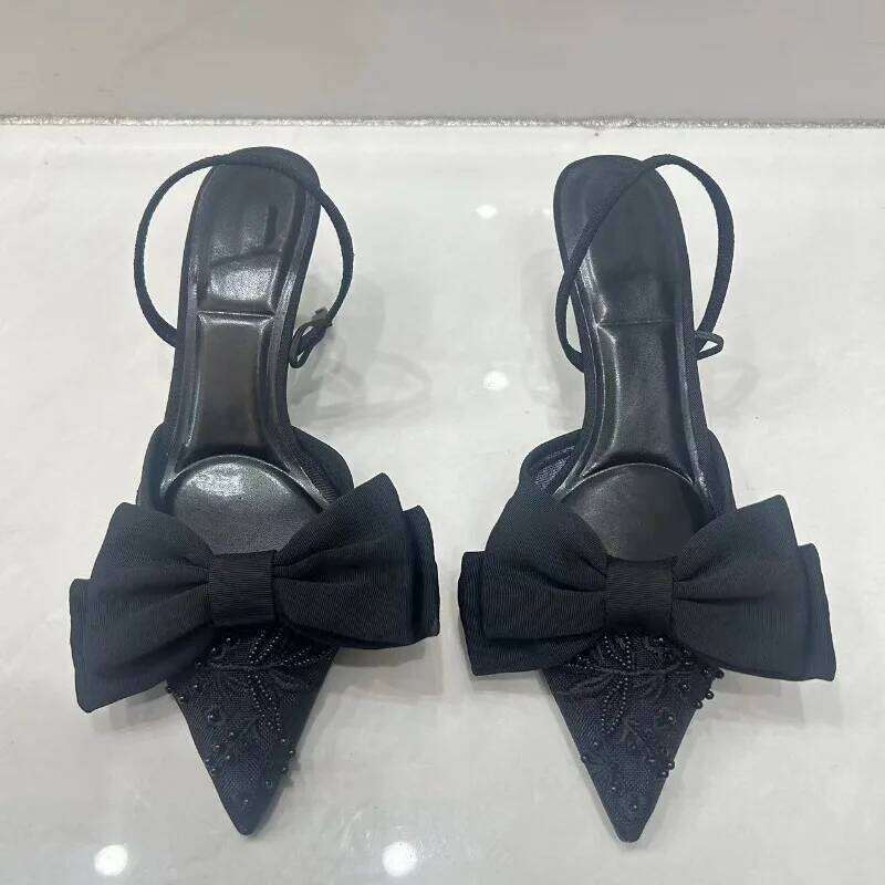 2025 Bowknot Women Pointed Sandals Black Mesh Designer Elegant Formal Footwear Charm Embroider High Heels Ladies Shoes