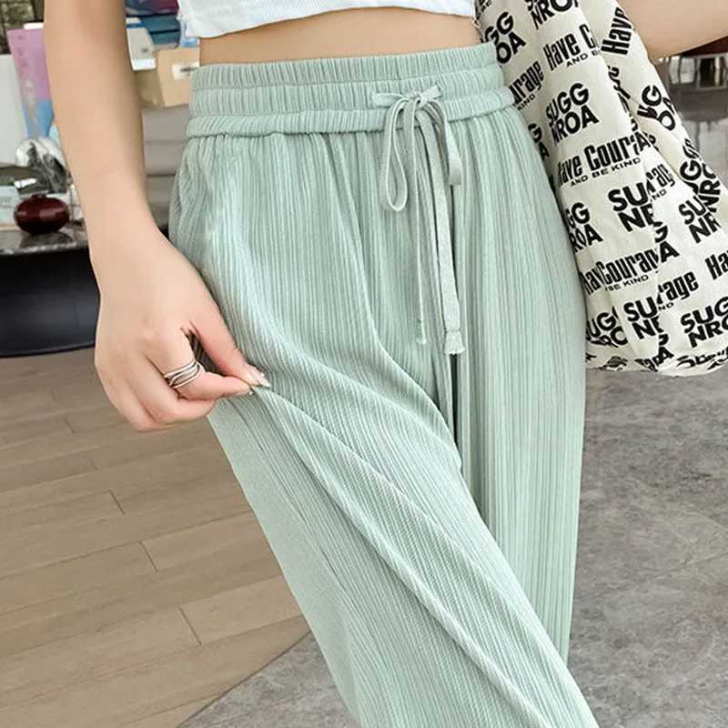 Summer Cool Ice Silk Straight Pants Women Fashion High Waist Wide Leg Trousers Fe Solid Sagging Feeling Baggy Casual PantsXJ250616