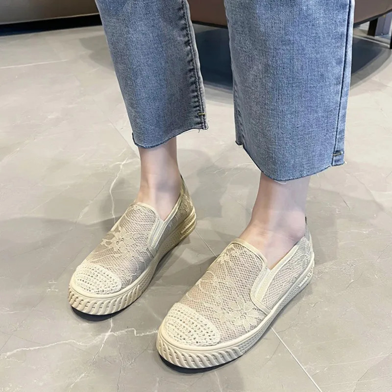 Womens Sneakers Shoes On Platform Roses Slip-on Mesh Thick Sole Fashion Casual 2024 Basic Fisherman Sewing Round Toe Rubber 250613
