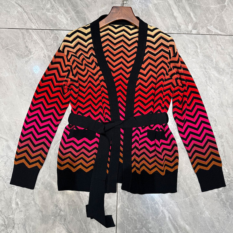 Women's Ombre Herringbone Pattern Cardigan Two Colors Fashion Runway Tie-Waist V-Neck Long Sleeve High-Quality Loungewear Designer Classic Clothe