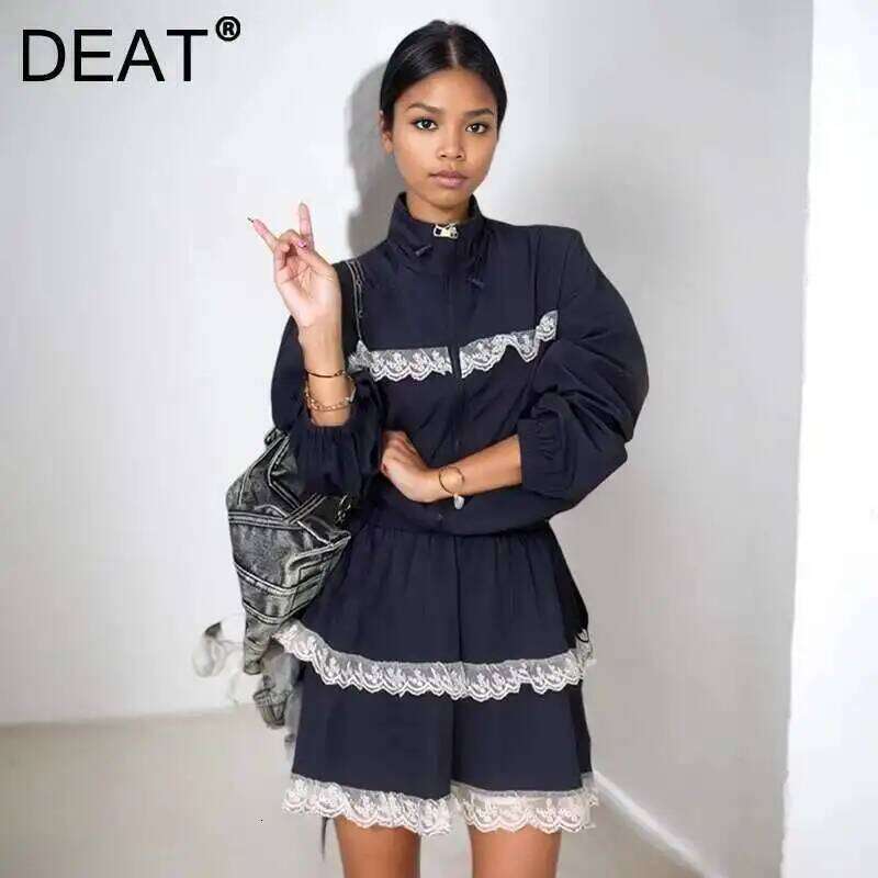 DEAT Fashion Two-piece Set Lace Edge Patchwork Jackets Female High Elastic Waist Short Cake Skirt For Women 11A03677