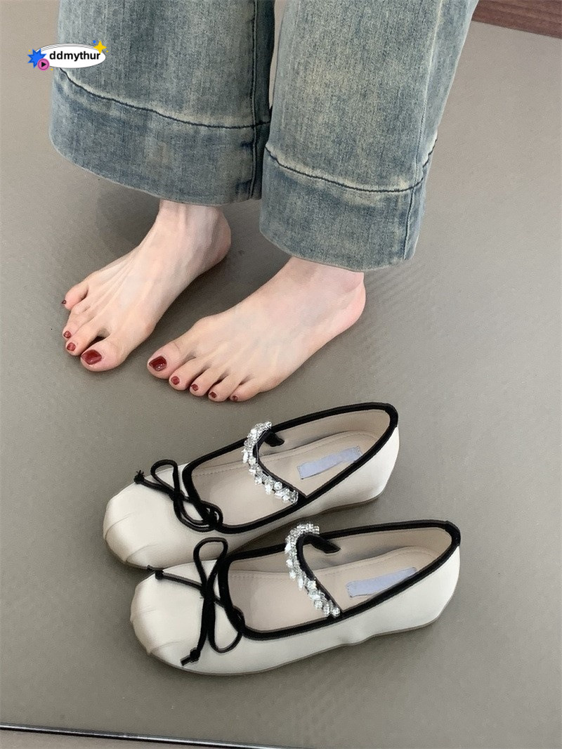Petite Height Increasing Mary Jane Shoes 2025 New French Style Gentle Fairy Satin Rhinestone Ballet Flats ddmythur
