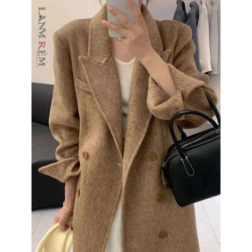 LANMREM Korean Style Wool Coat Notched Collar Double Breasted Long Sleeves Office Lady Overcoat 2025 Spring Winter 2Db1226