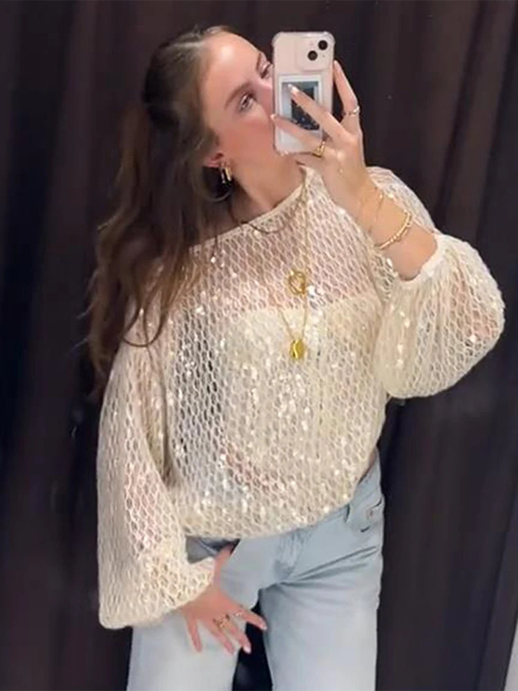 Fashion Sequin Knitted Hollow Out Sweater Women Elegant O-neck Loose Long Sleeve Knitting Top Spring Female Chic Pullover 250614