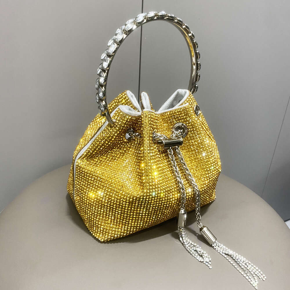 Women's 2023 New Rhinestone Bucket Round Handle Handbag Single Shoulder Crossbody Chain Small Bag Inlaid with Rhinestones