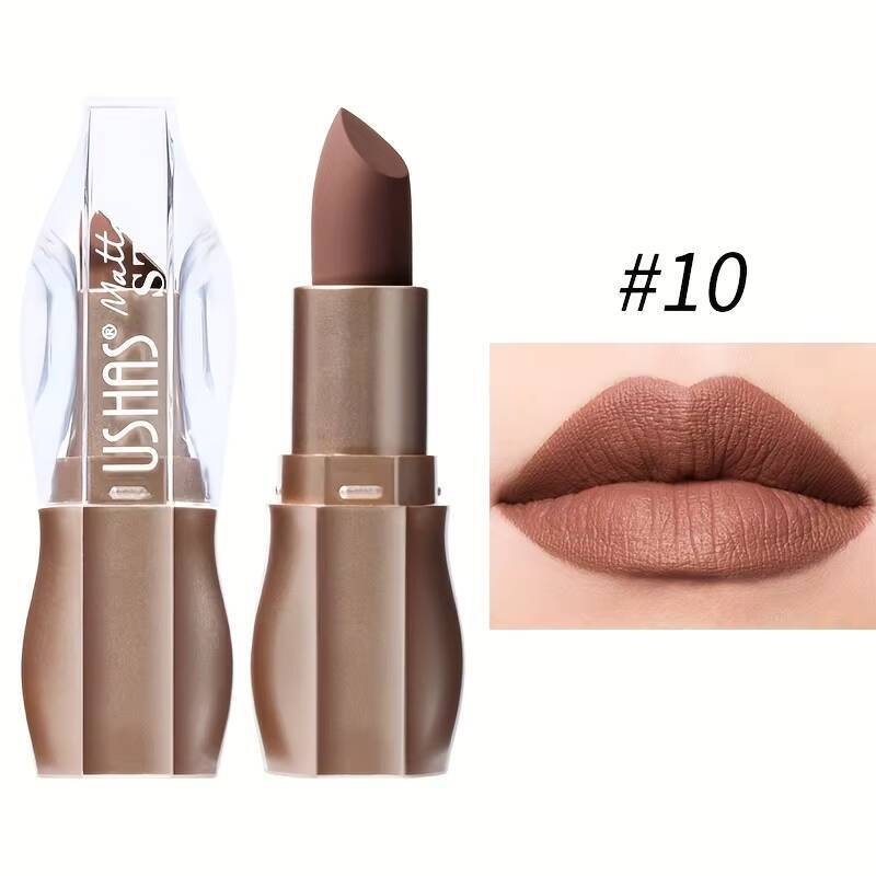 USHAS 12 Color Matte Lipstick Easy-coloring Sexy Nude Velvet Lipsticks Halloween Red Brown Moisturizing Lip Makeup Christmas happy