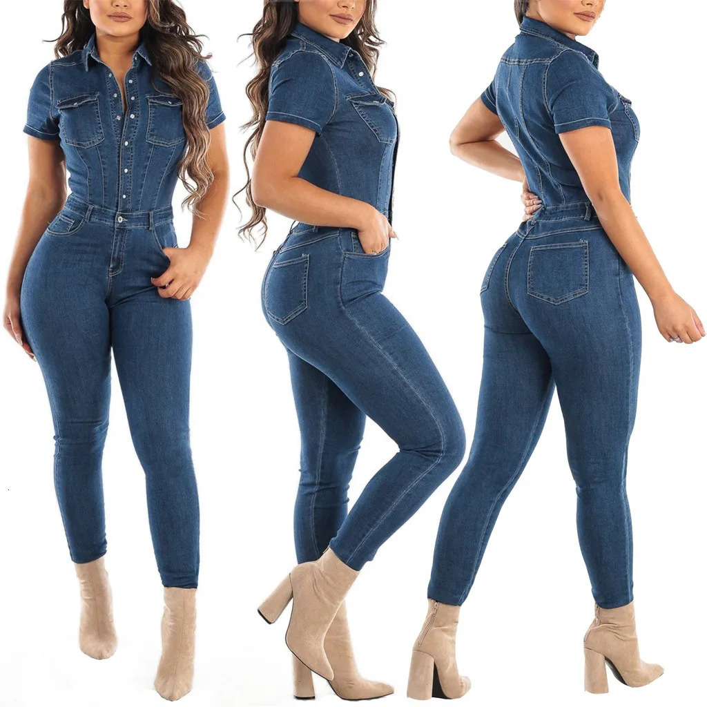 Womens Jeans Button Tight Fit Fitting Casual Distressed Pants Jumpsuits Short Sleeves Jumpsuit SlimFit Long Trousers Mujer 250612