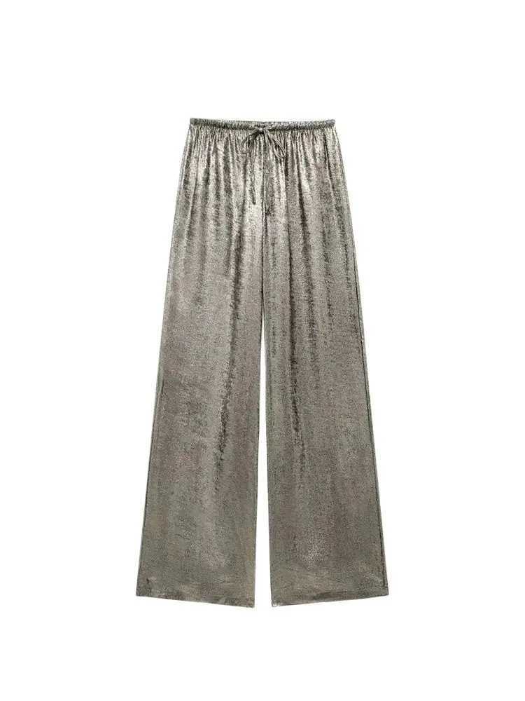 TRZA-Womens Metallic Straight Pants High Elastic Waist with Drawstring Fe Trousers Chic Fashion XJ250616