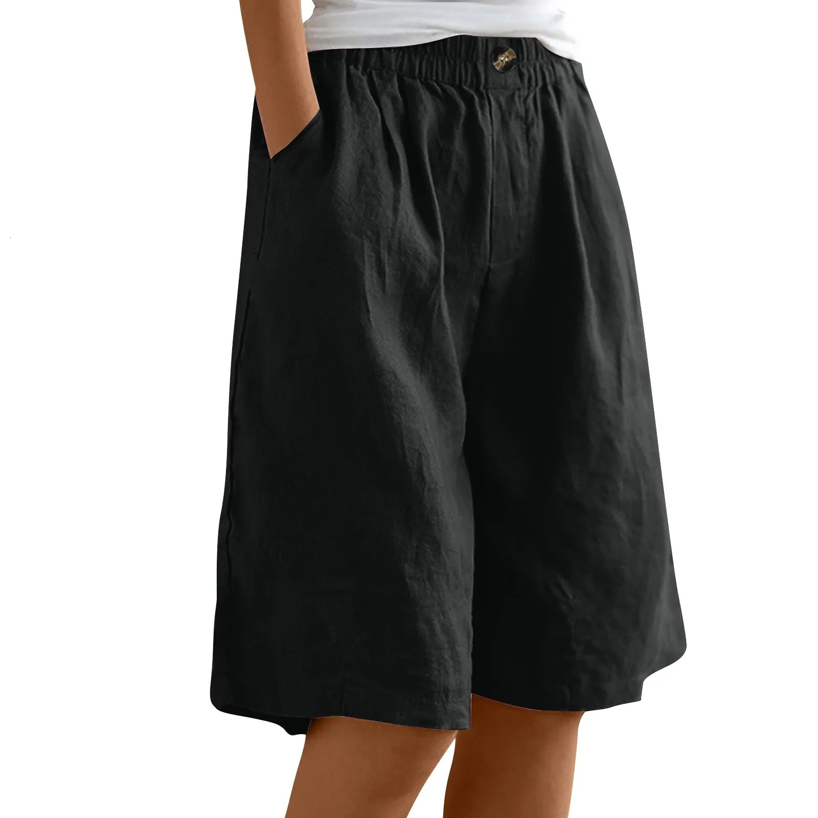 Womens Fashion Solid Color Pants Pocket Button Up Capris Loose Elastic Waist Cotton Linen Shorts 250614