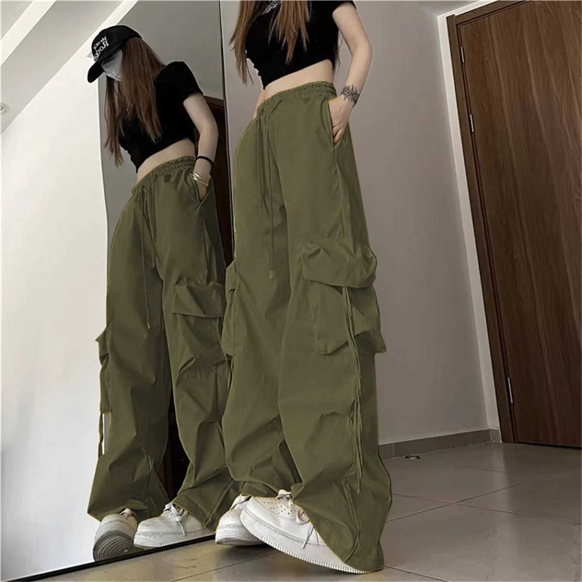 Plus Size Women Cargo Pants High Waist Solid Fashion Street Pant Vintage Drstring Pocket Trousers Loose Casual Joggers ClothesXJ250616