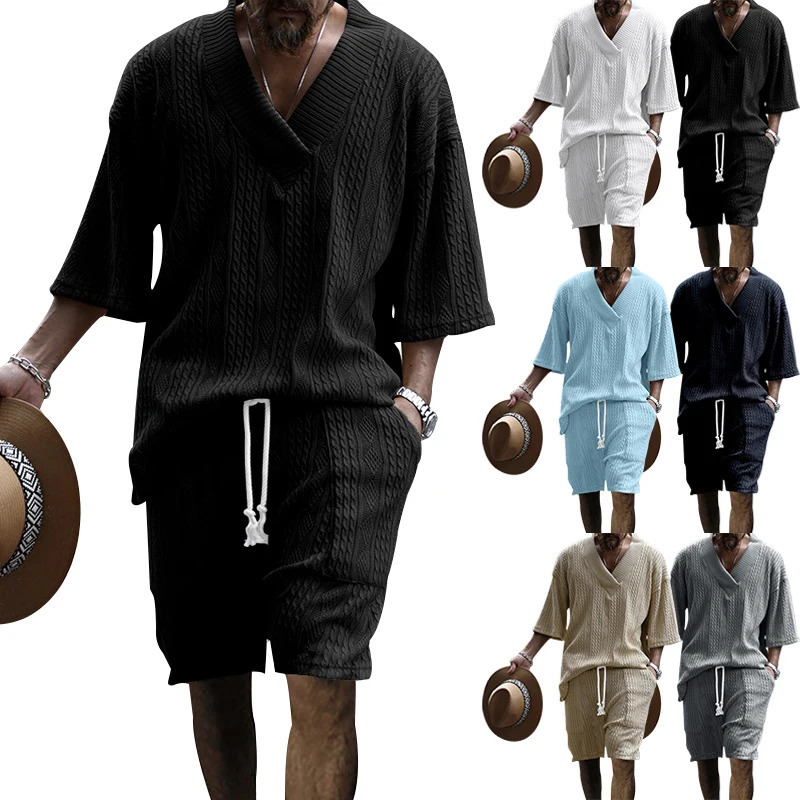 Summer Mens High Street Casual Loose Jacquard Sportswear VNeck Short Sleeve Shorts Fashion Suit 250612