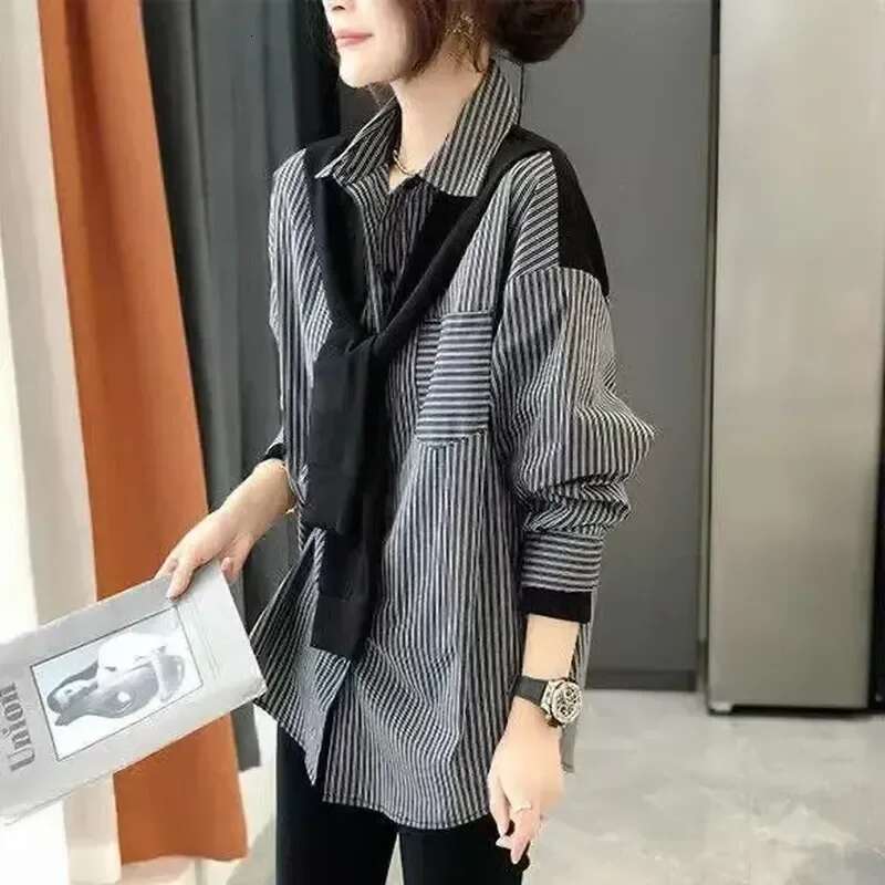 Clothing Black Top For Woman Spring Womens Shirts And Blouses Printed Loose Striped Fashion 2025 Streetwear Offer Stylish