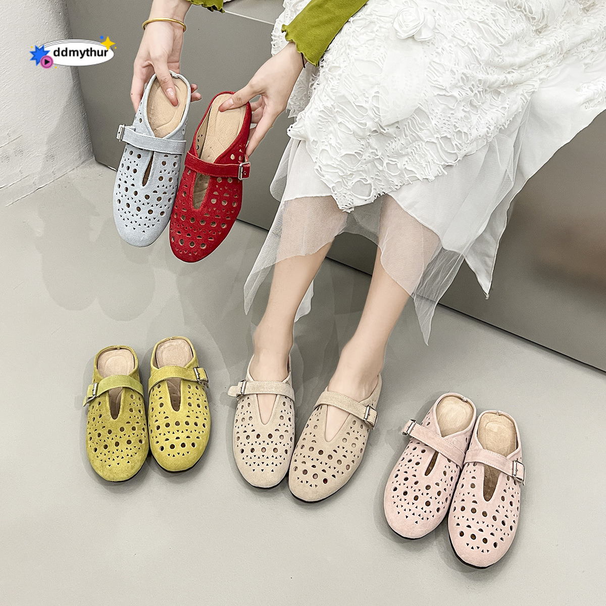 2025 New Genuine Leather Design Sense Hollow Breathable Sandals Flat Summer Mary Jane Roman Women's Shoes ddmythur