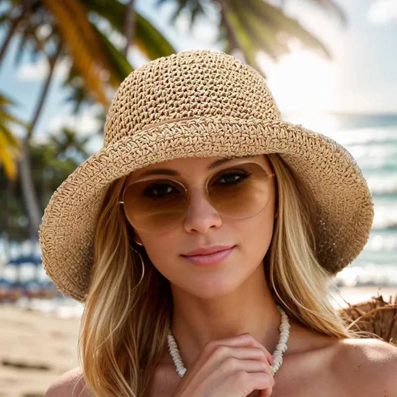 New Arrival Fashion Sun Straw Hat Women Crochet Womens Seaside Foldable Weave Wide Brim Real Cap Floppy Trilby Bow Summer Beach Sun Hat U250616