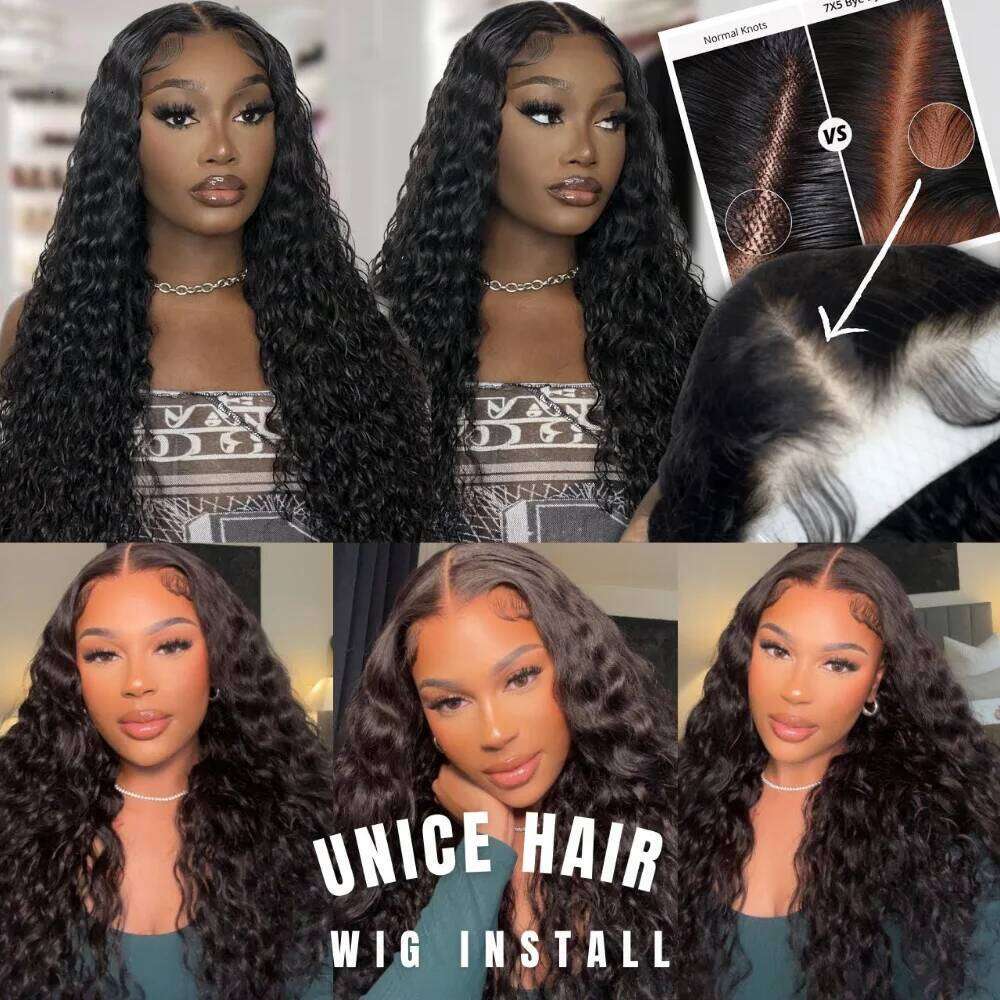 UNICE Upgrade Drawstring Water Wave 7x5 Glueless Cut Pre Bleached Lace Front Human Hair Wig Ready To Wear 180% Density