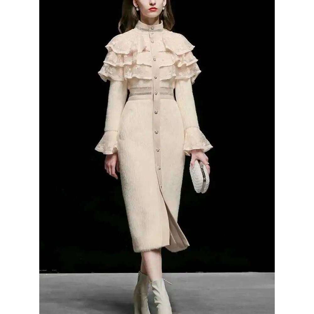 IEQJ Elegant Mink Fur Woolen Long OverCoat Lace Ruffle Slim Flare Sleeve Party Coat 2025 Winter Clothes Women New 3WQ1403