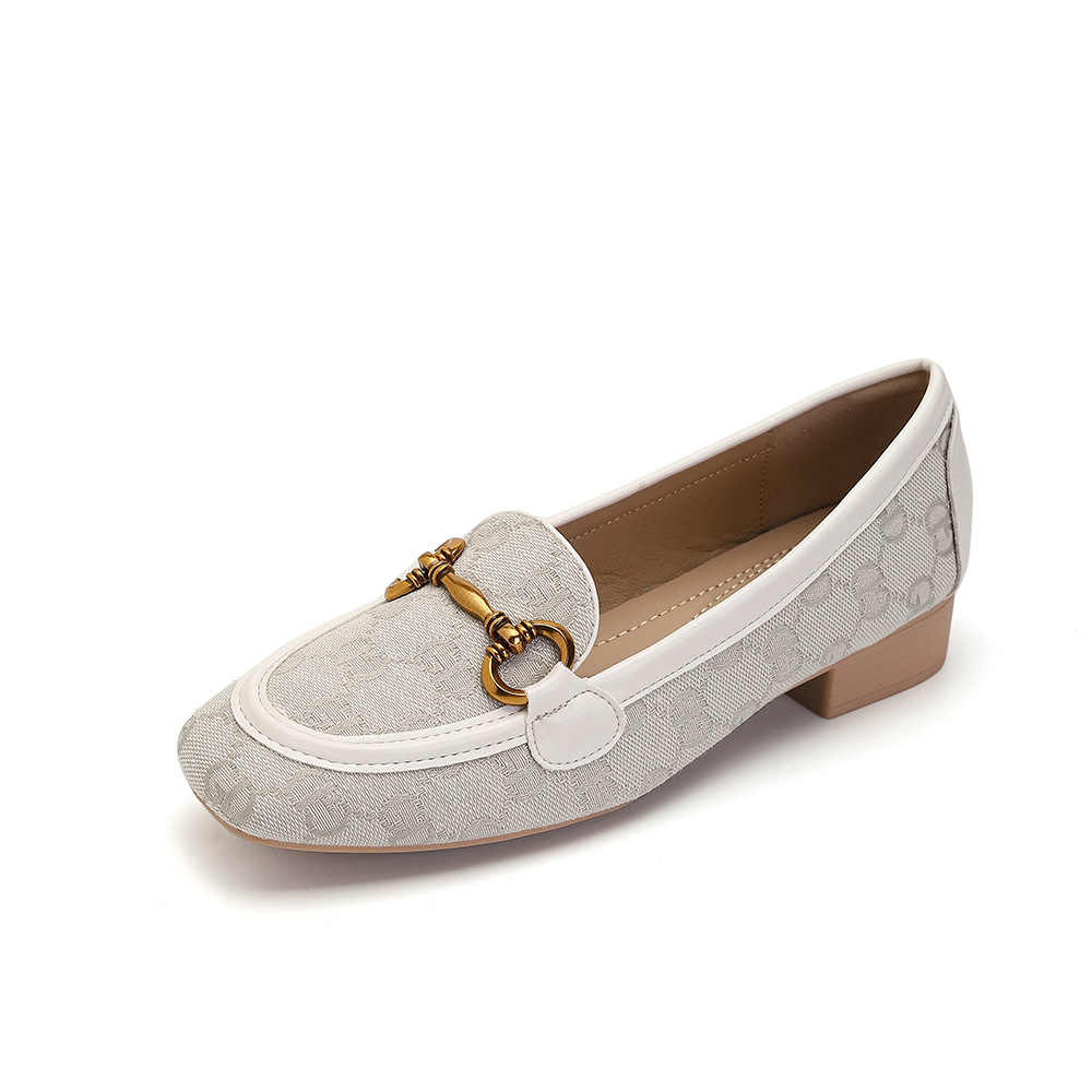 New Style Gold Button Embroidered Elegant Dress Shoes Party Versatile Fashion Letter Printed Low Heel Shoes Black Brown White