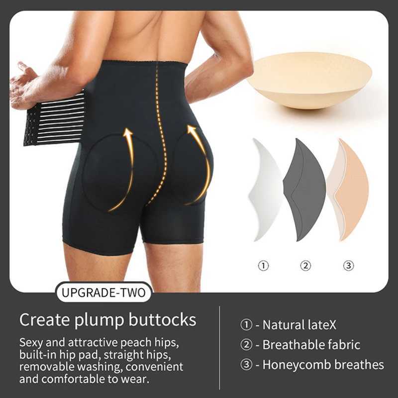 Men Compression Shorts Hi-Waist Tummy Control Boxer Waist Trainer Padded Panty Shapewear Sexy Ass Underwear with Pouch for Balls W250616