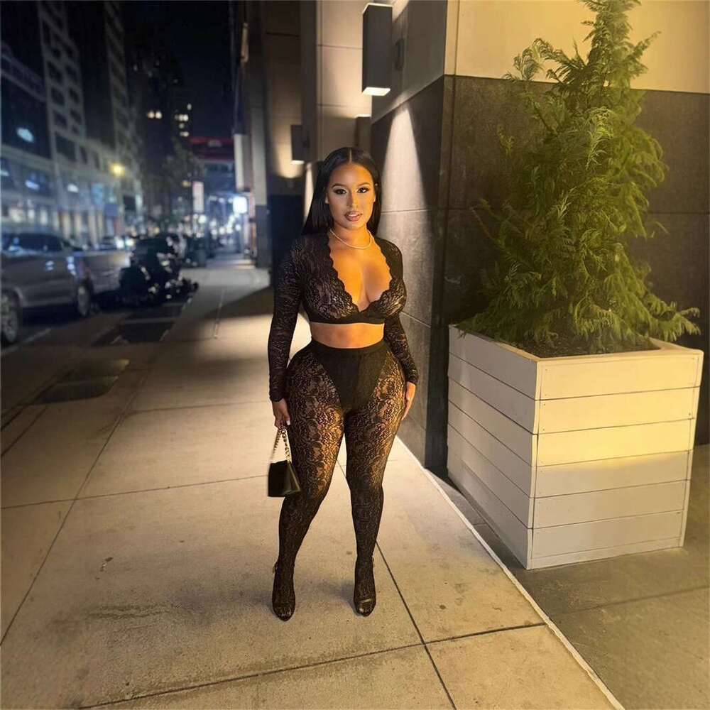 Fashion Solid Color Slim Fit Sexy Lace Sheer Hollow Out Short Long Sleeve Top And Pants Set B5