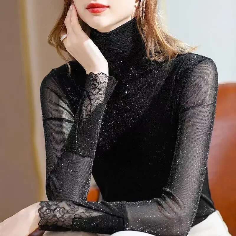 Turtleneck Glitter Rhinestone Sequin Slim Womens Long Sleeve T-shirt Korean Reviews Many Clothes Yk2 Cheap Kpop Y2k Top Female