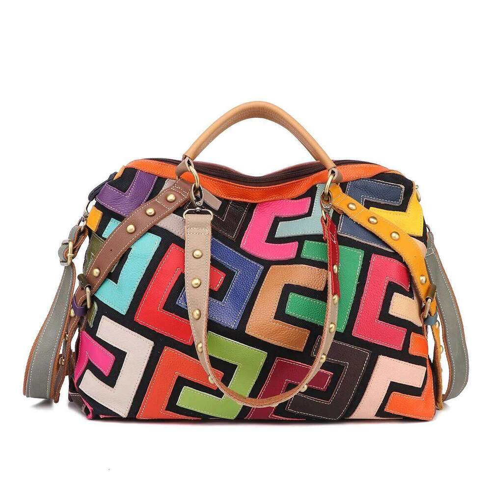 Leather geometric pattern multi-color color patchwork riveted handbag shoulder crossbody bag for women