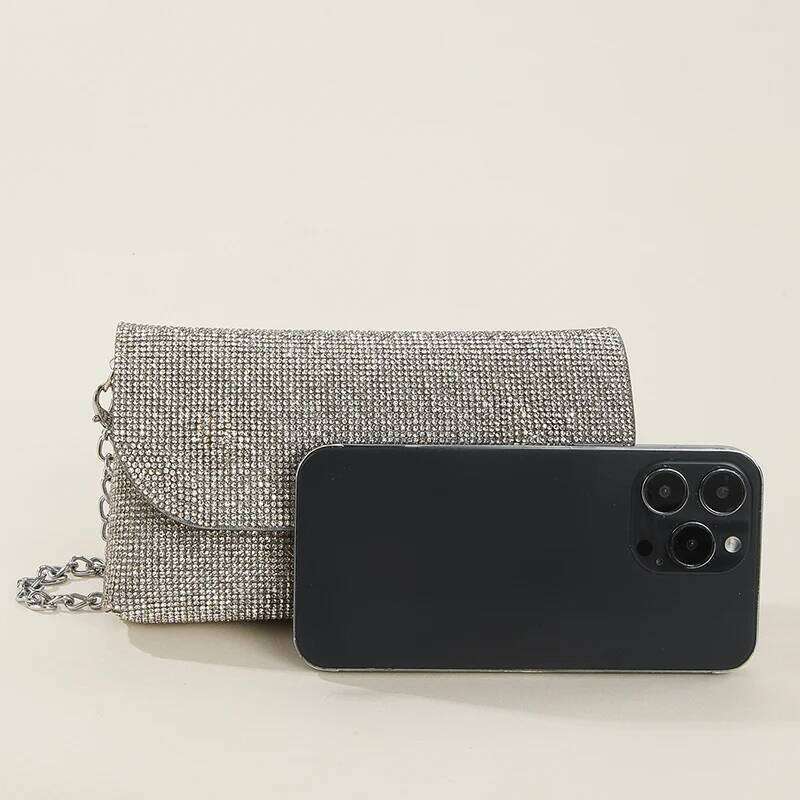 Long Dia Purse For Women Shiny Rhinestone Crystal Evening Bag Fashion Chain Shoulder Crossbody Flap Day Clutch Pink XA758HB