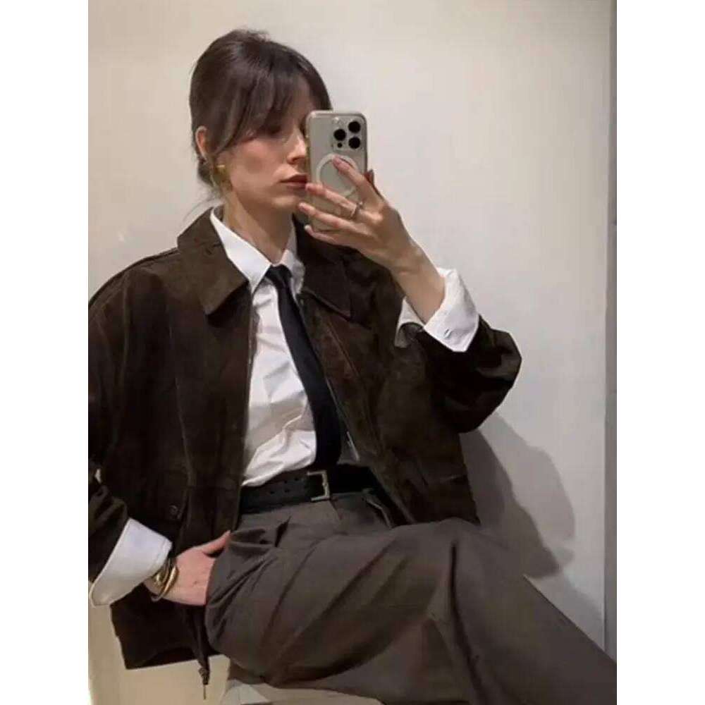 Suede Leather Jacket Coat Vintage Brown Maillard Pocket Lapel Casual Loose Bomber Jackets Motorcycle Style Silhouette Outwear