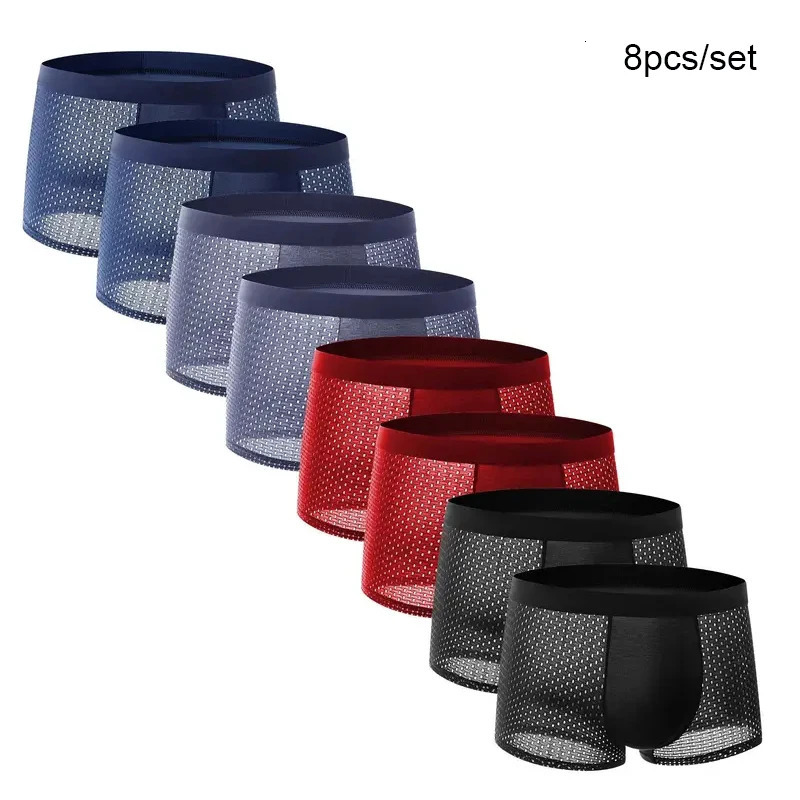 8pcsset Mens Panties Ice Silk Mesh Men Underwear Breathable Mens Underpant Fashion Panties Male Solid Color Boxer Shorts 250614