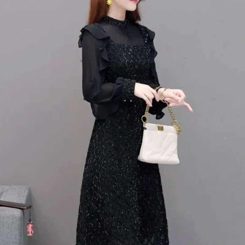 Spring Autumn Woman Long Sleeve Dress Chiffon Ruffle A Line Dresses for Women Aesthetic Elastic One Pieces Harajuku Casual Youth