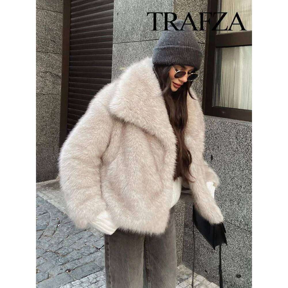 TRAFZA 2024 Winter Coats For Women Fashion New Faux Fur Long Sleeves Loose Coat Female Versatile High Street Women's Cardigan