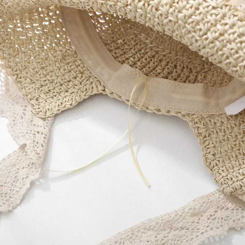 Womens Summer Panama Straw Hat Anti-UV Wide Brim Sunshade with Lace Ribbon And Ponytail Hole for Beach Travel Outdoor Fashion M250616