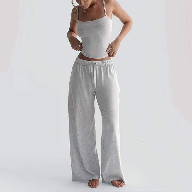 Women's Spring Summer Square Neck Strap Backless High Waist Elastic Drawstring Wide Leg Loose Set 2025 New Casual Versatile Fashion Clothing