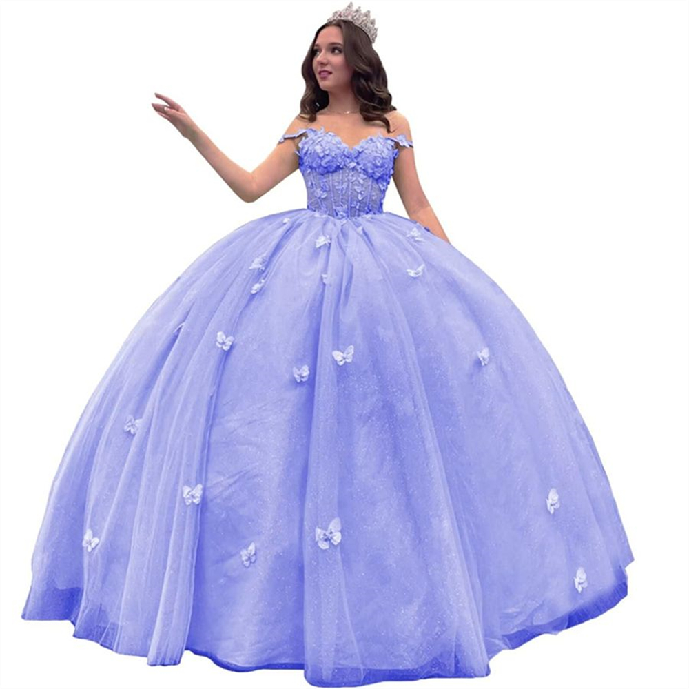 Ball Gown Quinceanera Dresses Spaghetti-strap Illusion Butterfly Appliques Bow Lace-up Plus Size Sweet 15 16 Princess Birthday Party Gowns Vestidos De