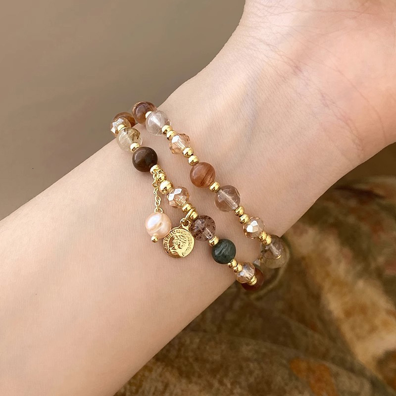 Double Layer Natural Stone Freshwater Pearl Beaded Bracelet for Women, Light Layered Bracelet, High-end Jewelry