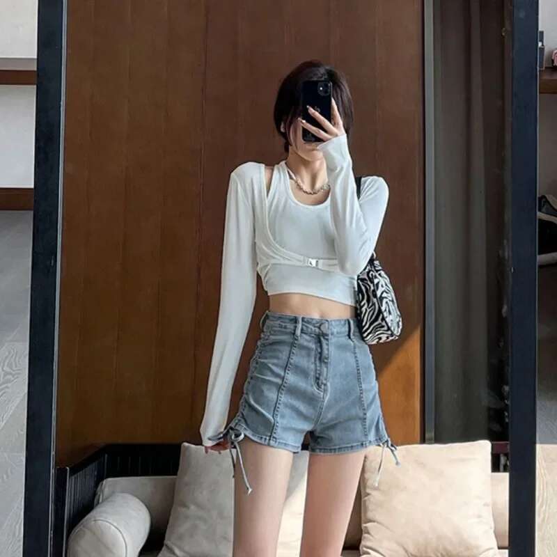Sexy Drawstring Short Jean Pants Woman Youthful XL Harajuku Fashion 2000s Clothes Y2k Outdoor To Wear Hot Denim Shorts for Women