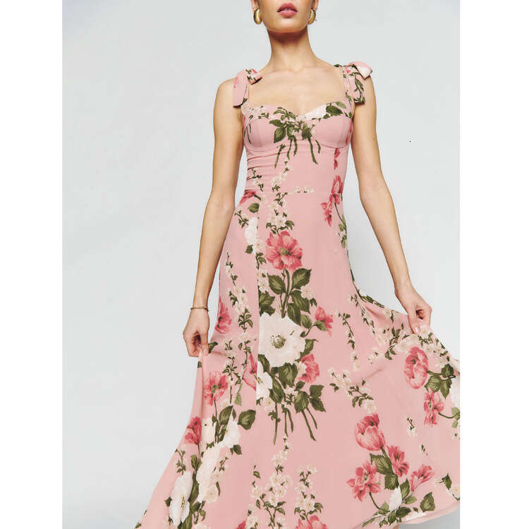 Buttock Maxi Dress for Women Festival 674 Summer New 2025 Printed Over-the-knee Mid-length Slim Fit Strap Dress French Style Womens Fashion