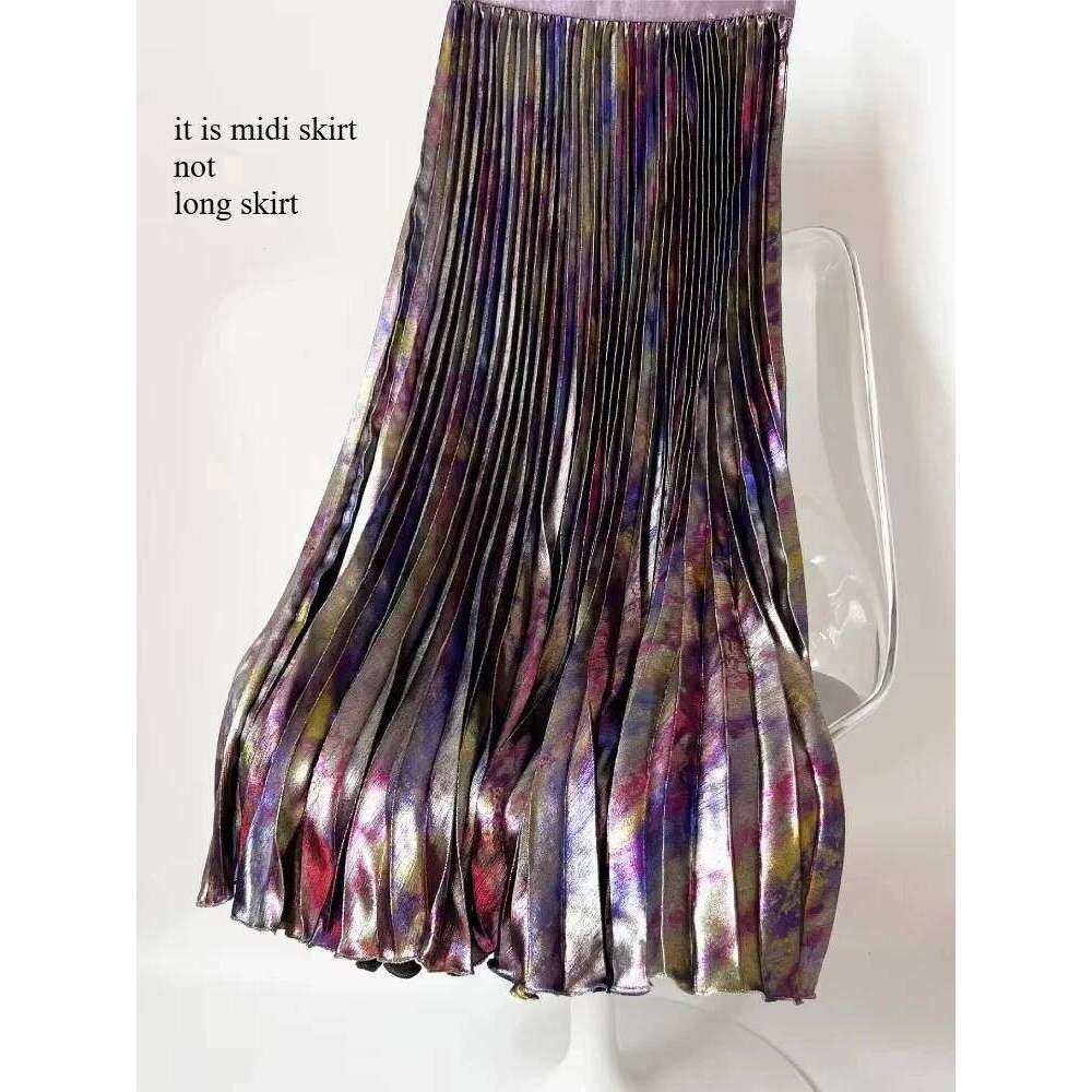 Shiny Colorful High Waist Midi Spring/Summer Fashion Trends Elastic Waistband Pleated Skirt Old Money Style