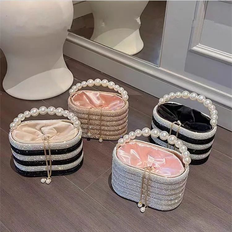 Crystal Metal Evening Clutch Bags Women Boutique Pearl Handle Shiny Color Blocking Rhinestone Purses And Handbags Bridal Wedding 250614