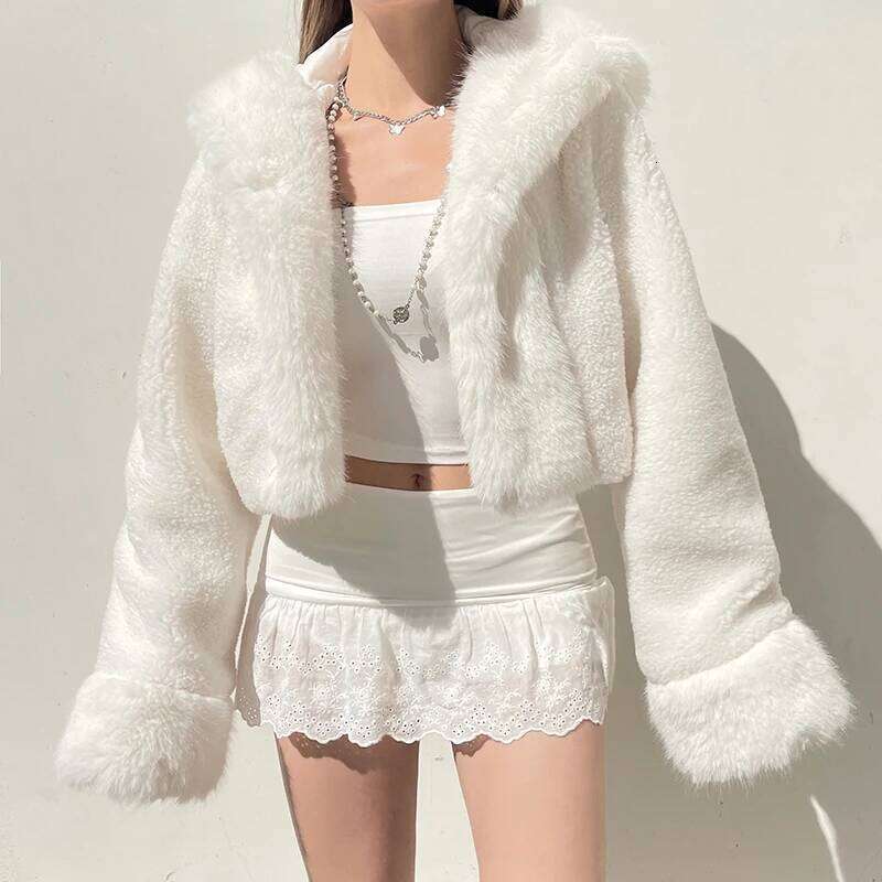 HEYounGIRL Faux Fur Hooded Coat Women Fashion High Street Fluffy White Snow Jacket Winter Warm Slim Outwear Stylish Lady Outfits