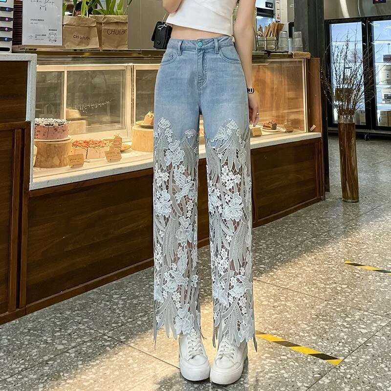 Pants for Woman and Capris Straight Leg with Rhinestones Transparent Womens Jeans Lace Grunge Y2k Spring Pant Vintage Trousers