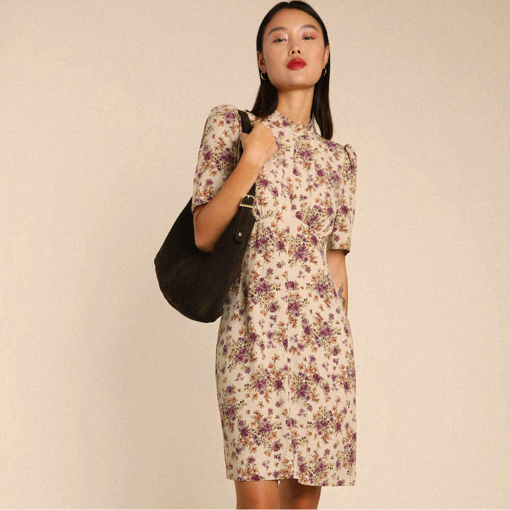 Summer Dress Vestido De Mujer Black Dress N586 Spring Summer 2025 Floral Print Round Neck Pullover Short Sleeve Dress Waist Slimming Women