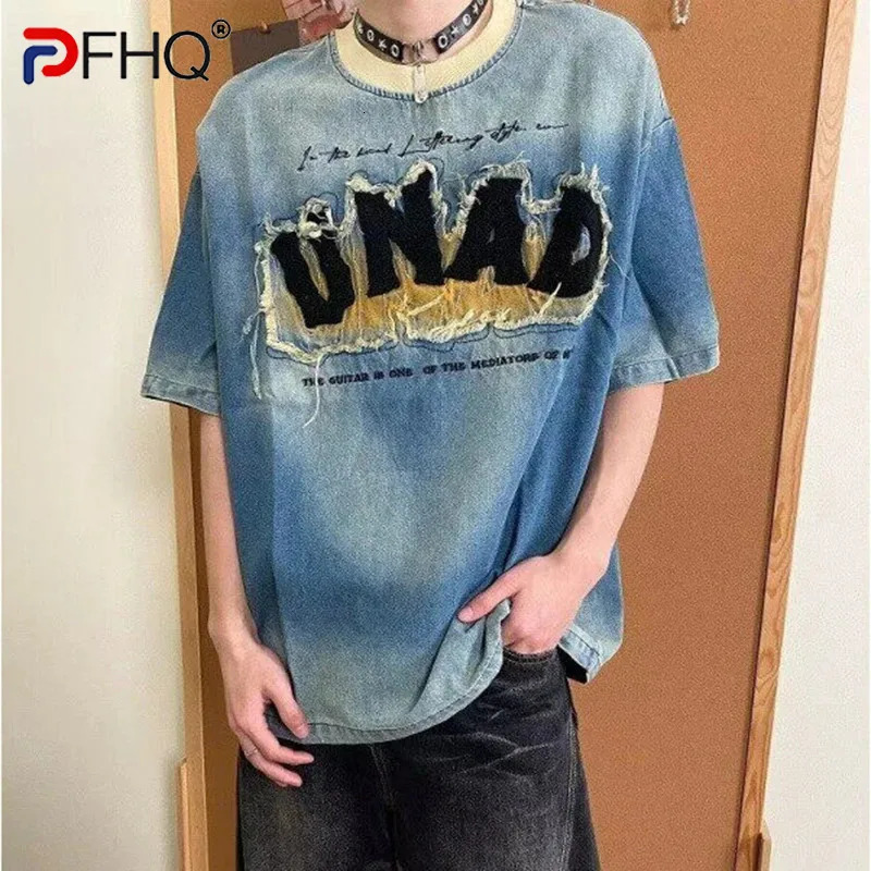 PFHQ Summer Men Denim T-shirt Embroidered Patchwork Contrast Color Short Sleeve T-Shirt Trendy Male Tops 21E6267 250617