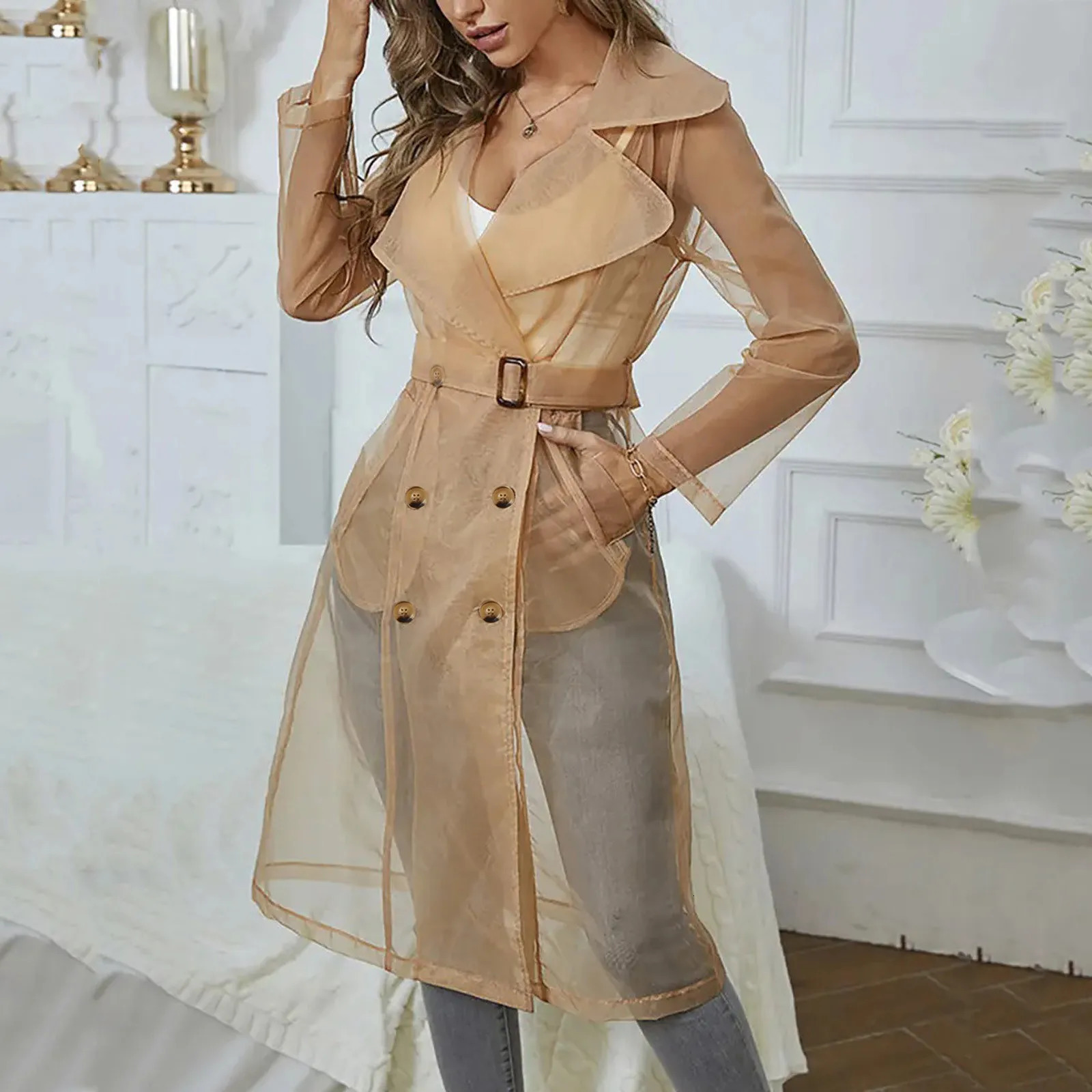 Jackets For Womens Mesh Transparent Overcoat Long Sleeve Buttoned Coat With Belt Turndown Collar Light Weight Long Jackets 250614
