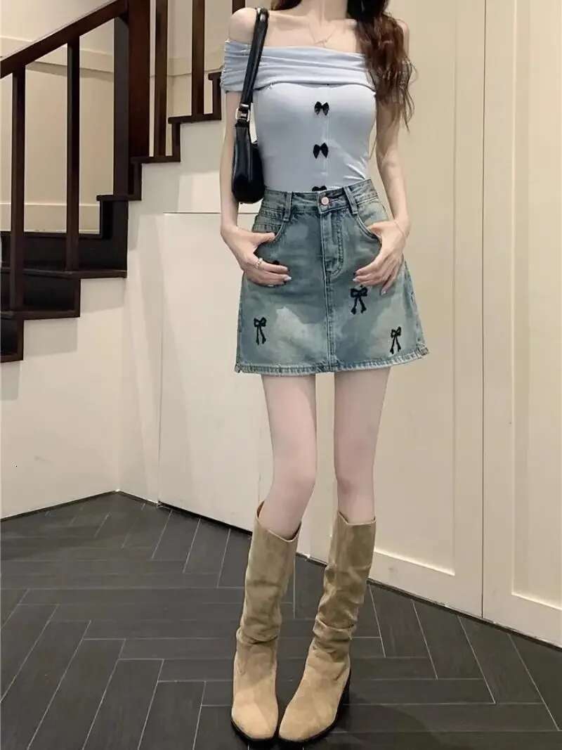 Blue Bow Jeans Skirts for Women Summer 2025 Aesthetic Clothing Sales Vintage Trend Korean Style High Quality Woman Denim Skirt