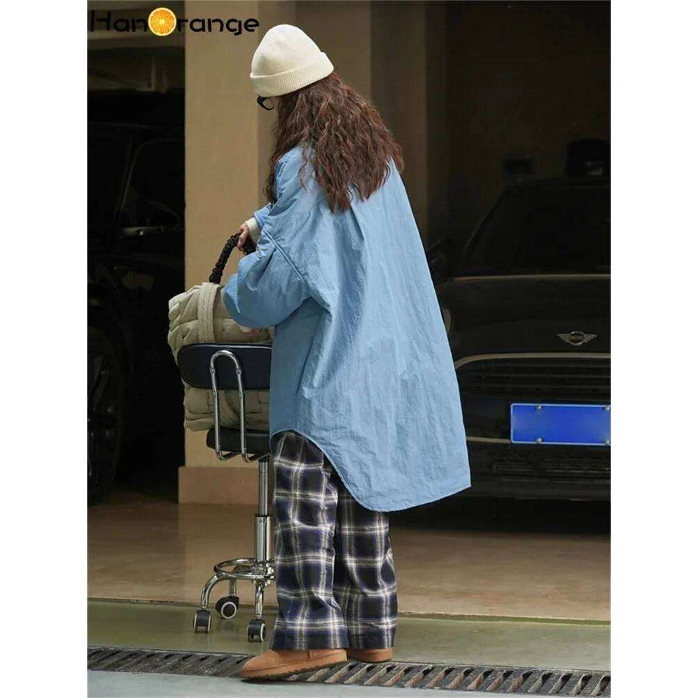 HanOrange 2024 Winter Street Lazy Parkas Women Loose Warm Casual Cotton-padded Shirt Female Vintage Blue/Dark Gray